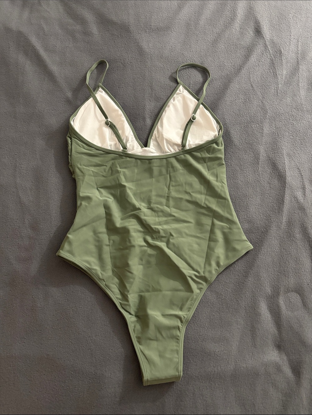 Women’s Olive Green One Piece Swimsuit Ruched V Neck Adjustable Straps Size L - Picture 4 of 5